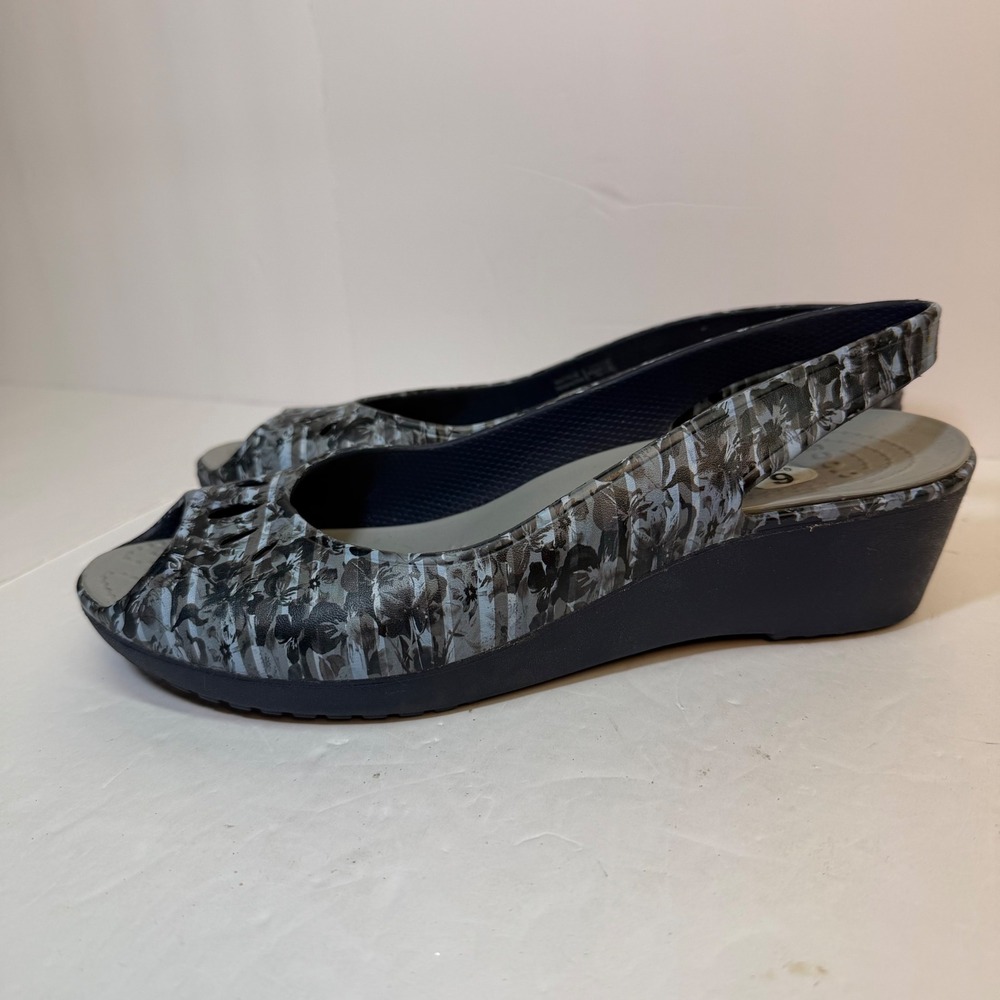 Crocs Womens Floral Striped Wedge Sandals Black Grey Peep Toe Slingback Heels 9
